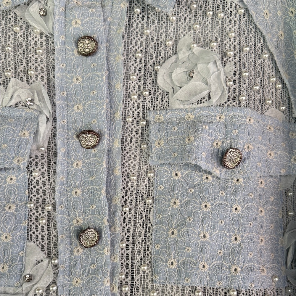 POL Light Gray Floral Appliqué Sequin shacket with balloon sleeves nwt - Picture 3 of 7